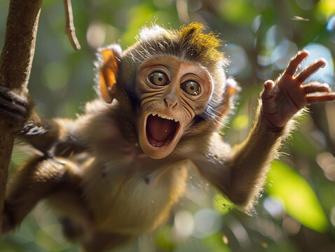 Monkey playfully swinging through the canopy