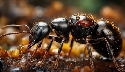   A close-up photograph of a black ant on top of a bed of brown and yellow leaves, with water droplets on the ant's body