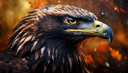 Obraz premium a bird of prey perched on an orange branch amidst yellow foliage