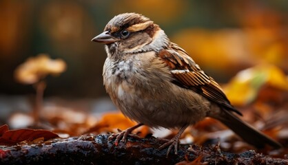   A small bird perched atop a mound of yellow and brown leaves