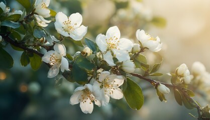   A close-up of a tree branch adorned with white flowers against a hazy backdrop