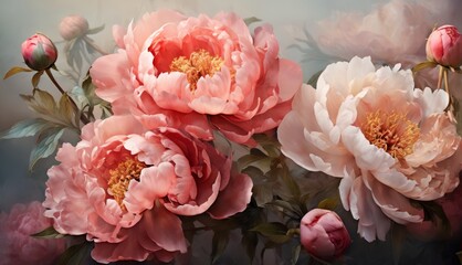   Three pink peonies on blue-gray background, with golden centers amidst leaves and buds