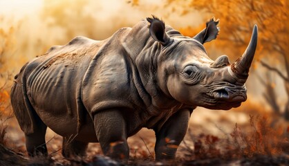 Fototapeta premium Rhino in forest with trees behind and sunbeam in front