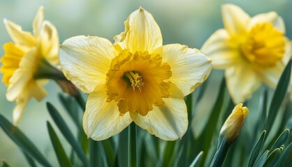   A yellow daffodil group with green leaves in front and a blurry background