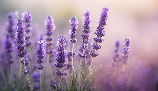   A close-up of lavender flowers in a field with a blurred background of the same flowers in the foreground