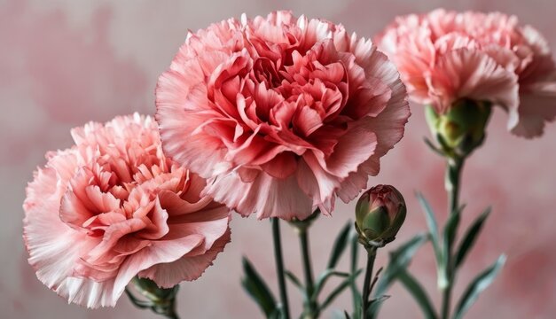   Three pink carnations in a vase on a pink wallpaper background with green stems in the foreground