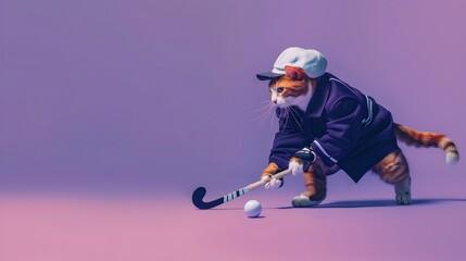 Fototapeta na wymiar Quirky Cat Character in Winter Sportswear Chasing a Sled on a Snowy Slope