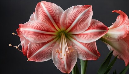   A close-up of a pink and white flower on a black background with a green stem in the foreground is an image that showcases the beauty of nature The flower's delicate pet
