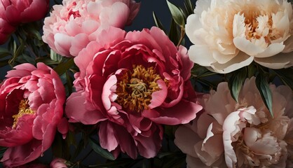   A cluster of pink and white peonies adorned with foliage and blossoms against a black backdrop, featuring a bee at the focal point