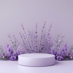White podium with purple flowers on violet background