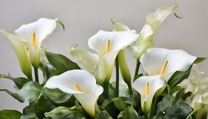   A bouquet of white calla lilies with green leaves in a gray vase on a table with a gray background