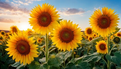 Fototapeta premium A sunflower field bathed in golden light as the sun descends on the horizon, with a stunning blue sky overhead