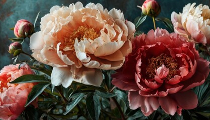   A close-up of a bouquet with leafy stems beneath the blossoms