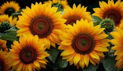 Fototapeta premium Sunflowers in bloom field under bright sunlight