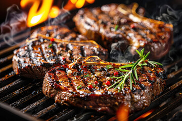 beef ribeye steak grilling on flaming grill. ai generative