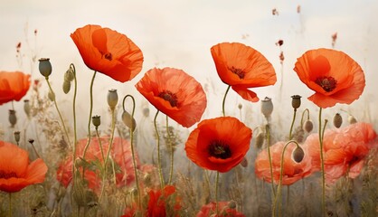 Obraz premium A cloudy day with red flowers, blue sky, and green stems