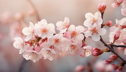 Obraz premium A close-up of a cherry tree's branch with pink and white flowers in the foreground and a blurred background