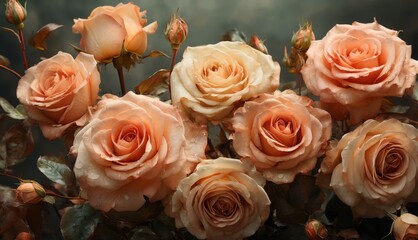   Pink roses with water droplets on petals and green leaves on stems in close-up - obrazy, fototapety, plakaty