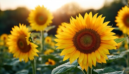   A sunflower field bathed in sunlight, with the golden center of each flower illuminating the lush greenery of its leaves