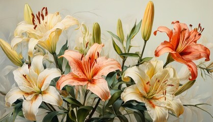  Orange & White Lilies, Vase with Green Leaves, White Wall Background