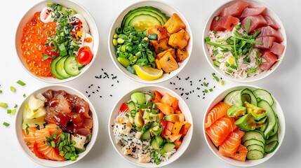 Assorted Hawaiian poke bowls with fresh fish, vegetables, and sauces, top view on white, food