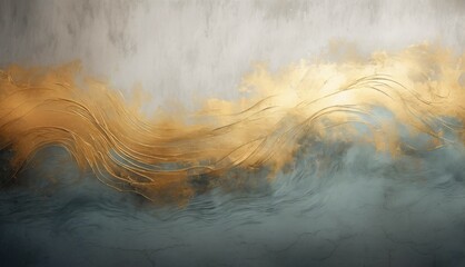   A gold-and-blue wave on a white-and-grey backdrop with a gold-and-silver swirl on the left side of the image