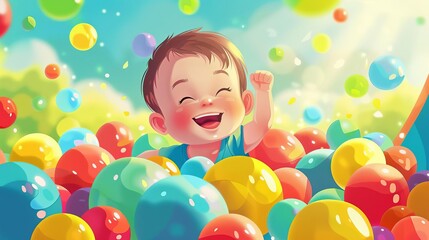 Fototapeta na wymiar Baby playing happily in colorful ball pit, concept illustration
