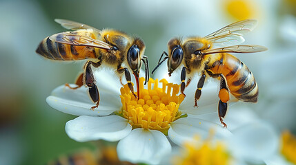 Bees On White Flower Background - obrazy, fototapety, plakaty