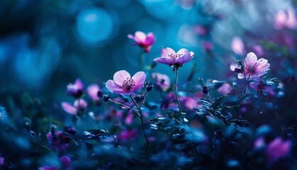   A cluster of pink blossoms atop a verdant plant brimming with blue and purple blooms