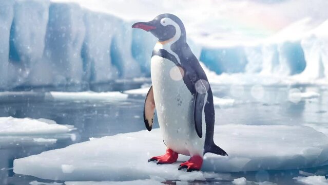 A penguin is on a piece of ice in snowy weather