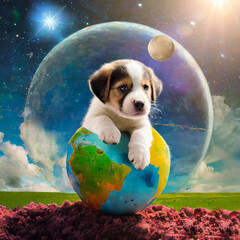 지구를 정복한 강아지 - obrazy, fototapety, plakaty