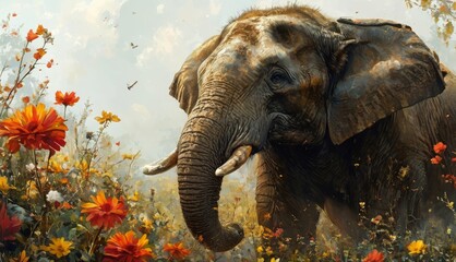   A magnificent elephant grazes in a vibrant field of wildflowers against a serene blue sky dotted with fluffy clouds