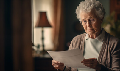 Mature Senior Older Woman Worried Reading Letter - obrazy, fototapety, plakaty