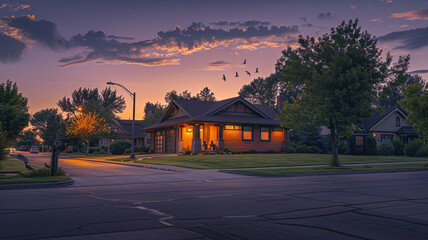 A serene suburban morning, a warm apricot Craftsman style house glowing under the soft sunrise, birds chirping quietly, streets empty and peaceful - obrazy, fototapety, plakaty