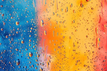 Water drops bubbles liquid on colorful blue, orange, yellow, red gradient background