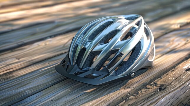 Bicycle helmet on a wooden background, symbolizing safety, adventure, and outdoor activities in a natural setting, digital illustration
