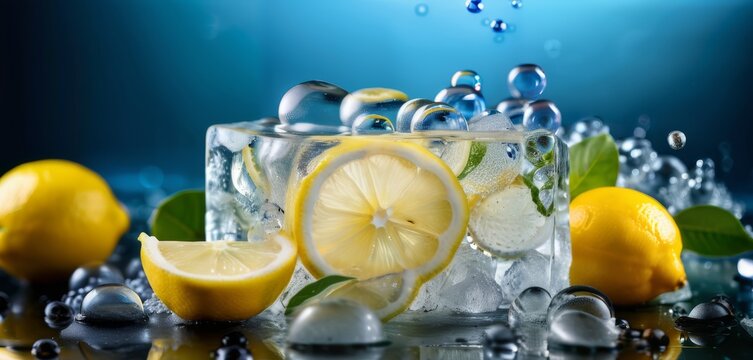   A glass filled with lemons and ice on a reflective surface surrounded by droplets of water