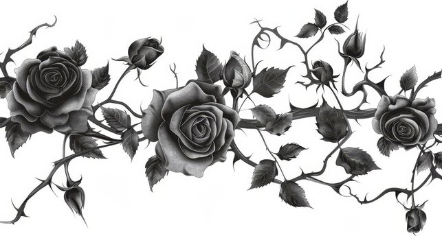 Black roses with ivy, vines and thorns on white, romance concept illustration