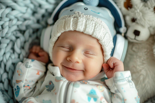 Closeup of cute little smiling newborn infant baby in headphones isolated on solid color background