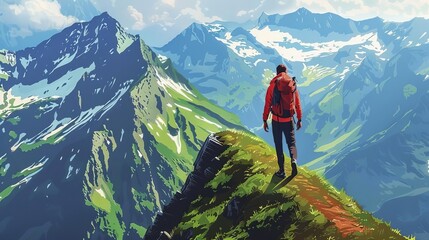 Brave explorer walking along narrow mountain ridge, Adventurous hiker in majestic alpine landscape illustration - obrazy, fototapety, plakaty
