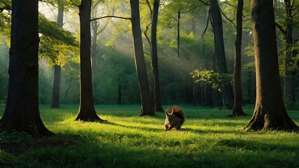 Sunset in the green forest. Sunlight in the forest.