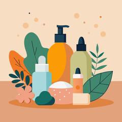Showcasing a variety of skincare products arranged artfully against a backdrop of natural elements like leaves and stones, highlighting their organic and rejuvenating properties