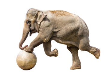 A circus elephant balancing on a ball Isolated on solid white background
