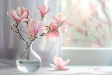 Beautiful pink magnolia flower in transparent glass vase standing on white table