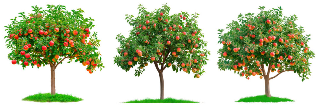A set of apple trees isolated on a white or transparent background. A close-up of a apple trees with red apples. A graphic design element on the theme of nature and tree care.