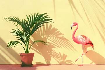 A pink flamingo and tropical palm