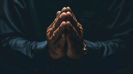 Closeup of hands clasped in prayer against a dark background, faith and spirituality concept