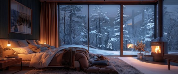A cozy winter bedroom with large windows overlooking the snowy landscape