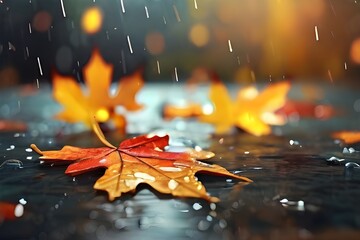 autumn background. autumn leaves on rainy glass texture, bright abstract natural backdrop. concept...