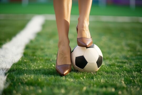 Female heel stands on a soccer ball on stadium green grass